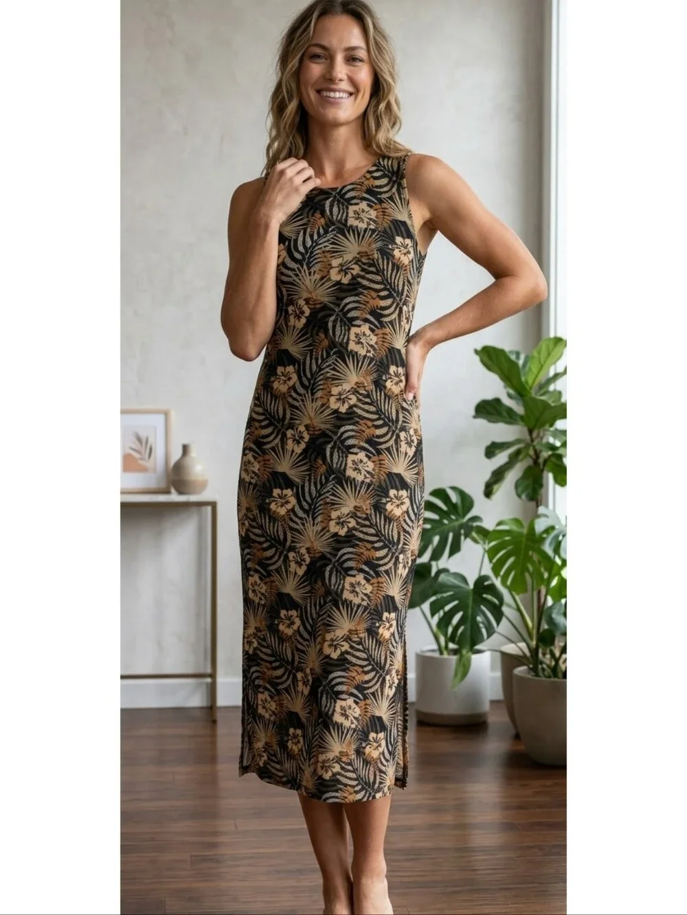 Tommy Bahama Women's M Black Tropical Floral Sleeveless Shift Midi Dress Stretch - Picture 1 of 10